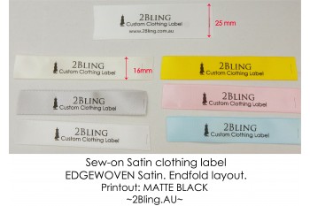 100 labels, Sew-on Clothing label,  EDGE WOVEN Satin, Endfold, Matte black print